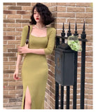 Retro Casual Autumn New Sexy Party Knitted Dress Slim Slit Mid-Length Elegant Female