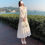 Zingj Photo 2023 New Beach Dress V-Neck High-Waist Dress Shows Thin White Hollow-Out Lace