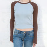 Patchwork Ribbed T-shirt Women Autumn Casual Round Neck Long Sleeve Tee Shirt Retro Streetwear Chic Cotton T Shirt