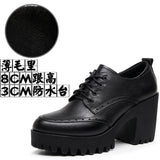 Brown Bullock Women's Shoes With English Carved Small Leather Shoes Thick Heel High Heel Waterproof Table Round Head Deep Mouth Single