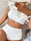 New Sexy High Waist Ruffles Bikini Sets Solid White Bandeau Swimwear Women Swimsuits Bathing Suit Brazilian