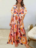 Split Dress Female Bat Sleeve V-neck Printed Large Swing Skirt Bohemian Beach Skirt Dress for Women Robe Dresses