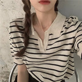 Women Tees Striped Vintage Office Lady Y2k Top V-neck Summer Harajuku BF Classic Cropped Soft Streetwear Fashion
