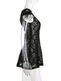 Women Lace Floral Short Mini Dress Vintage V-neck Buttons Up Slim Fit Summer Solid A-Line Dress Y2K Vestidos