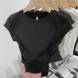 Black Round-Collar Short-Sleeved T-Shirt With A Black Round Neck Designed By European Designers Is A New Tight-Fitting, Skinny, Short-Style Blouse For Women In Spring And