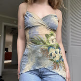 Girls Holiday Style Retro Plant Flower Printing V-Collar Small Sling Vest Irregular Hem Waist
