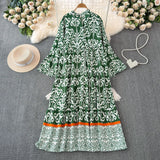 Zingj Light Extravagant Temperament Horn Long Sleeved V Collar Loose Thin Single Breasted Printed Dress Elegant Long