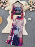 Fashion Streetwear Suits O Neck Transparent Blouse+High Waist Bodycon Skirt Women Senior Vintage Slim Two Piece