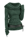 Cowl Front Lace Up Belted Sweater Spring Tops Tee For Women Solid Black Green Light Gray 211-1-Outfit