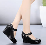 2021 Spring Autumn Genuine Leather Women's Fashion High Heels Pumps Wedges Black Color Female Platform Shoes Large