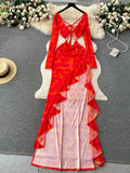 Summer Beach Vacation Long Dress Women Backless Lace Up Cross Bandage V Neck Hollow Out New Streetwear Slim Sexy