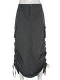 Grunge Fairycore Maxi Skirts Women Y2K Drawstring Slit Long Skirt Aesthetic Outfits Low Waist Straight Skirt