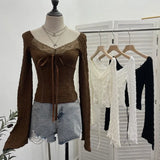 Real Shooting Merard Wind Strapted Bow Splicing Lace Pure Desire Blouse Folding Body Short Blouse
