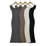 Zingj Trendy Women's Dress One-Word Shoulder Short-Sleeved Dress Summer New Hot Girls Sexy Slimming, Buttocks Show Skinny Long