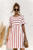 2021 Summer New Fashion O Neck Women's Dress Casual Loose Solid Short Sleeve Ruffle Patchwork Pocket Ladies Stripe