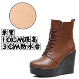 Head 12Cm High Slope And Waterproof Table Mid-Sleevel Boots With Side Zipper Women's Boots Pine Cake Plus Velvet Winter Warm Leather