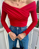 Zingj Women's Sexy Hot Girl Slim Top Solid Color Fashion V-Neck Splicing Long Sleeve