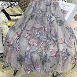 Embroidery Tulle Long Skirts Women Vintage Elegant Elastic High Waist Midi Pleated Skirt Female Korean A-Line Mesh