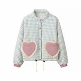 Plaid Heart Patchwork Pocket Puffer Jacket- Outfit