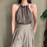 O-neck Collar Solid Sleeveless Top Women Chiffon Hanging Neck Off Shoulder T-shirt Women 2023 Autumn And Summer