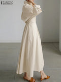 Elegant Women Autumn Sundress ZANZEA Fashion Lapel Neck Long Sleeve Solid Long Shirt Dress OL Vestidos Robe