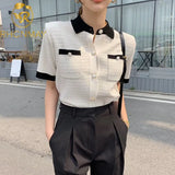 Summer Japanese Style Turn-down Collar Short Sleeve Thin Short-sleeved Ice Silk Knit Womens Shirt Coats Tops