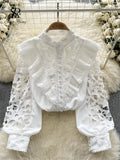 French Style Casual Embroidery Blouse Women Long Sleeves Pearl Shirt Fashion Ruffles Cotton Hollow Out Loose