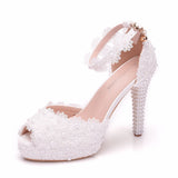 Cm Fish Mouth Waterproof Table Sandals Fine Heel Fish Mouth Sandals White Lace Wedding Shoes Large Size
