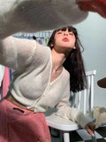 Korean Candy Colors Cashmere Mohair Cardigan Women Purple Crop Tops Autumn Deep V-neck Knitted Sweaters Fashion