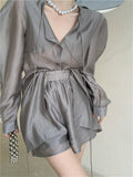 Sunscreen Suits OL Shirts Women Long Puff Sleeve New 2022 Summer Solid Close Waist Fashion Sexy Wide Leg Shorts
