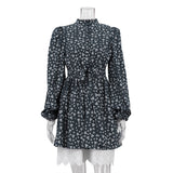 Zingj 2023 Women's French Elegant Bubble Sleeve Floral Dress Women's Standing Collar Waist Long Sleeve A-Line Skirt-Outfit