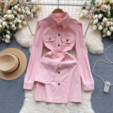 Zingj Denim Skirt Sweet Candy Temperament Shirt Collar Button Slim Design Fake Two Dresses For