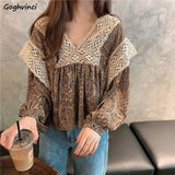 Women V-neck Lace Printed Lantern Sleeve Retro Elegant French Style Fashion High Quality Leisure Females Student Hot