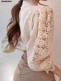 Chiffon Button Turtleneck Shirt Chic Elegant Floral Lace Fluffy Long Sleeve Top Fashion Hollow Oversize White Blouse 2024-Outfit