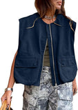 New Women's Sleeveless Pocket Baggy Vest Solid Color Cardigan Zipper Fashion Coat Women-Outfit
