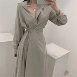 Women Single Breasted Midi Lace Up Slim Solid Shirt Dress Long Sleeve Elegant Vestidos