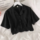 Women Notched Crop Top Simple New Summer Ladies All-match Chic Elegant Ulzzang Harajuku Fashion Solid Chiffon Design