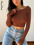 2021 Backless Sexy Knitted Crop Top White Green Autumn Spring Women Y2k Chain Long Sleeve Basic Causal T