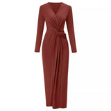 New 2025 Women's V-Neck Solid Color Kink Waist Long-Sleeved