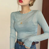 slim high quality plain t shirt women tops spring summer club party see-through Transparent long sleeve tee shirt