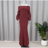 Burgundy Off Shoulder Fold Knit Midi Dress- Outfit