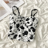 Flowers Tank Camisole High Street Vacation Fashion Girls Backless Sexy Women's Off Shoulder Causal Black