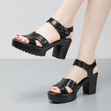 Leather High Heel Waterproof Sandals Women Fashion Crocodile Pattern Walking Shoes Summer Coarse Heel Magic Sticky H Women's