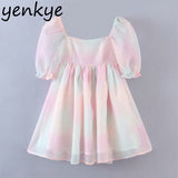 Sweet Women Multicolor Tie Dye Princess Party Dresses Sexy Square Neck Puff Sleeve Organza Dress Summer Short
