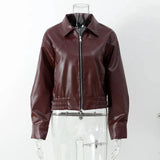 Burgundy Pu Leather Zipper Biker Jacket- Outfit