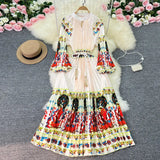 Zingj Luxury Retro French Round Collar Lantern Long Sleeve Print Dress Women's Belt With Loose Waist Show Thin Pleated