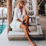 Hollow Out Deep V-neck Turn Down Collar Long Sleeve Mini Dress White Cotton Tunic Women Plus Size Summer Beach Dress