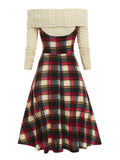 in 1 Plaid Print Off The Shoulder High Low Dress S-5XL A Line Midi Long Sleeve Lace Up Female