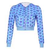 Velvet Heart Print Cropped Top Bomber Jacket Women Autumn Cute Pink Long Sleeve Coats Zipper Winter 90s
