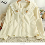 Embroidered Flowers Shirt Women Korean Peter Pan Collar Lolita Blouses Elegant Long Sleeve Single Breasted Blusas